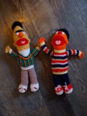 Handmade Knit Burt & Ernie Plush Puppet Duo - Vintage Sesame Street